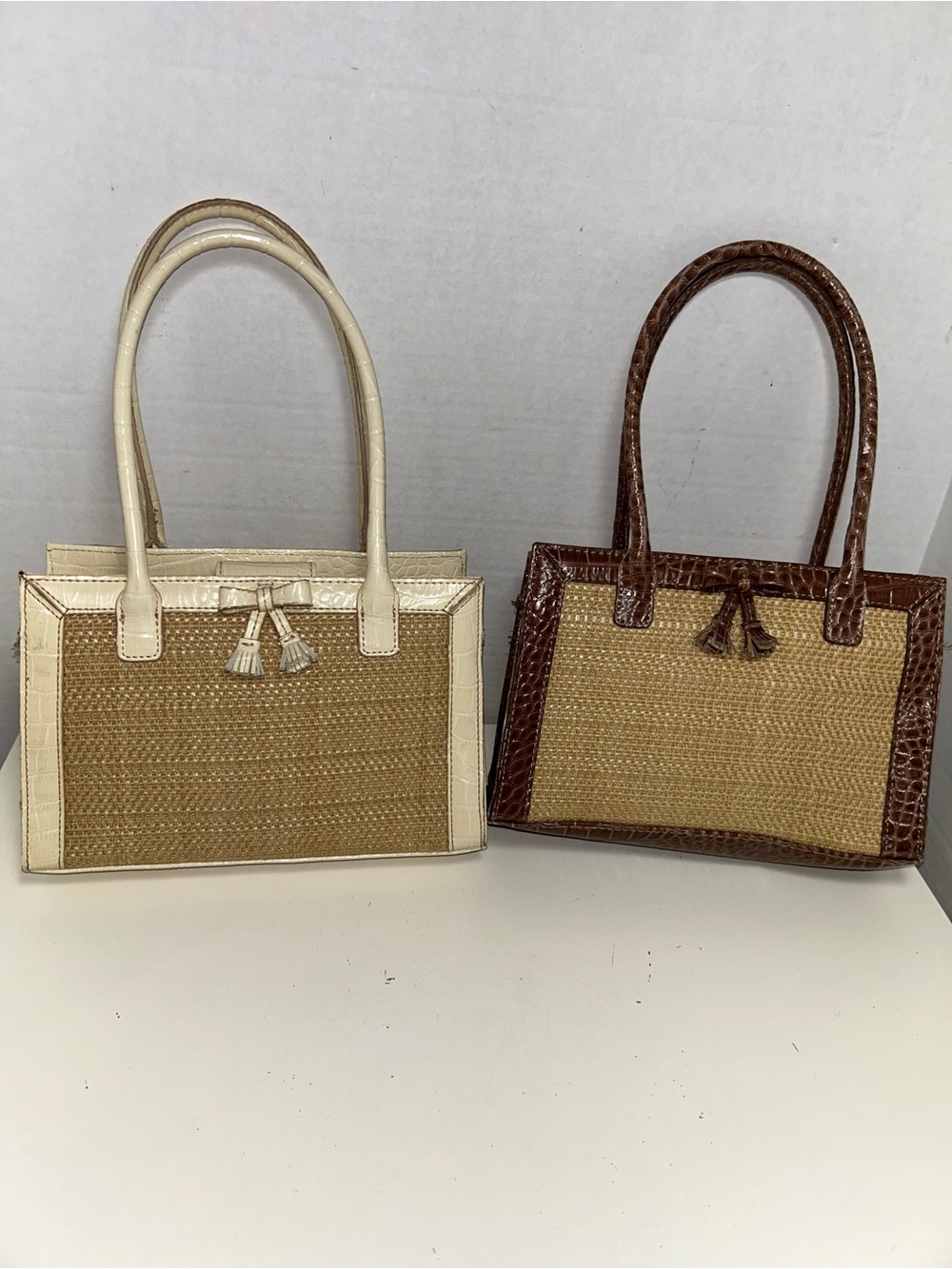 Liz Claiborne Y2K Ivory Brown Faux Leather Straw Satchel Handbag Set of 2